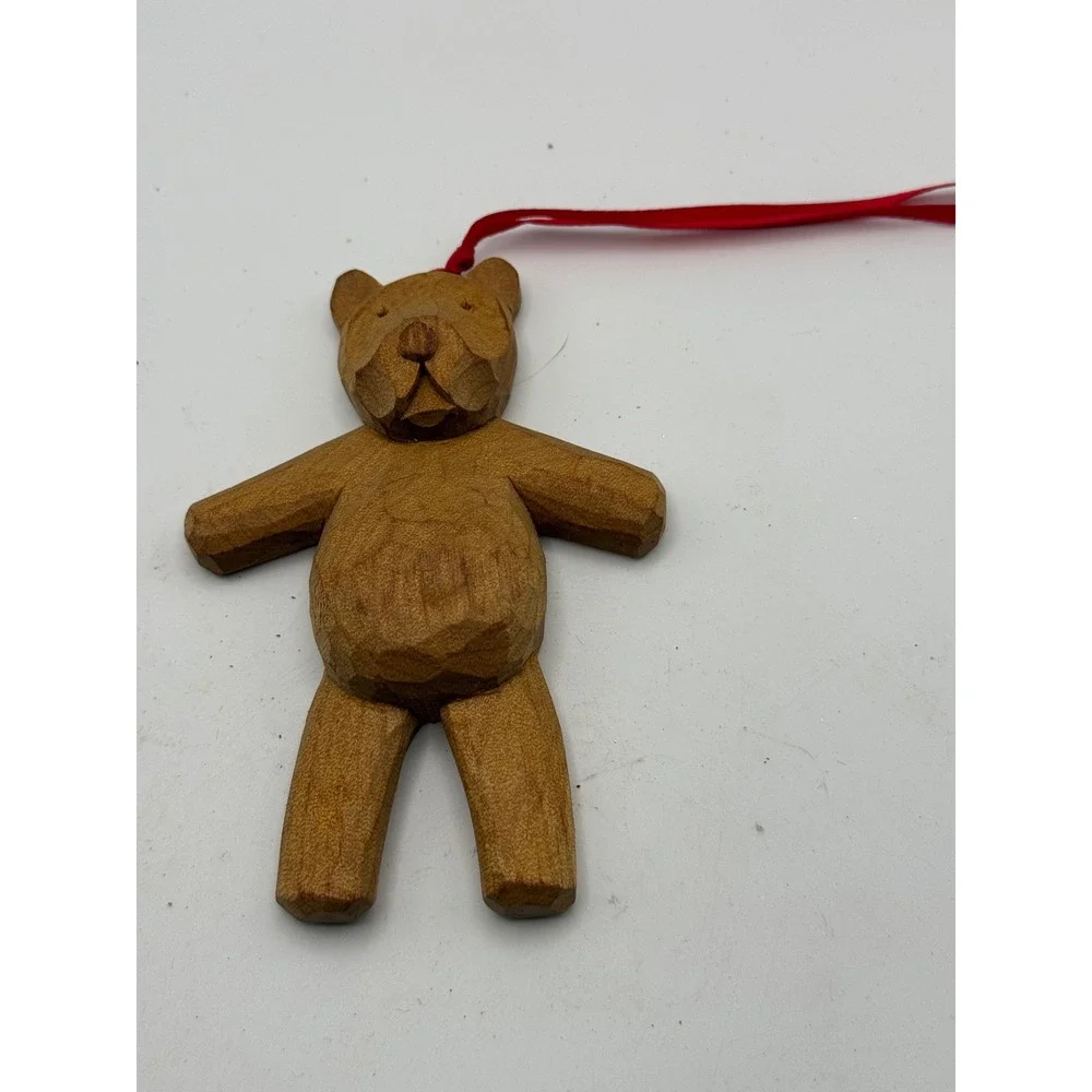 Hand Carved Wooden Teddy Bear Christmas Ornament Rustic Folk Art Brown Hanging